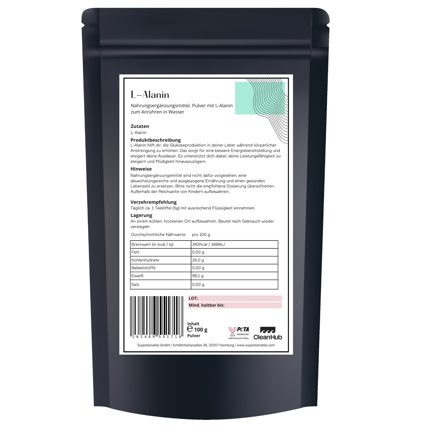 L-Alanin Pulver von hinten, von suppstainable