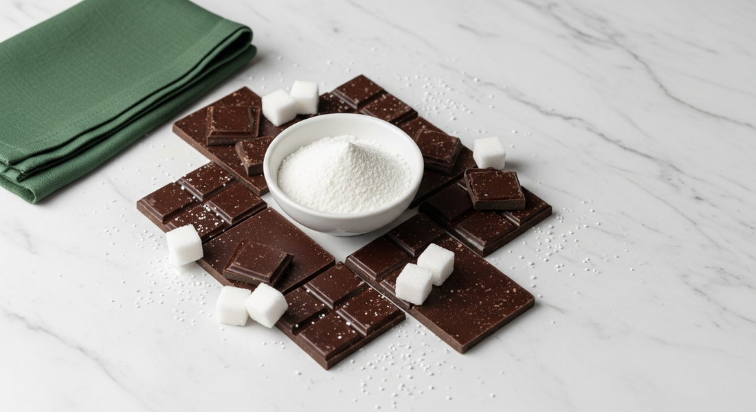 Maltitol Pulver neben Schokolade und Zuckerwürfeln — Vergleich Zuckeralkohol vs. Zucker