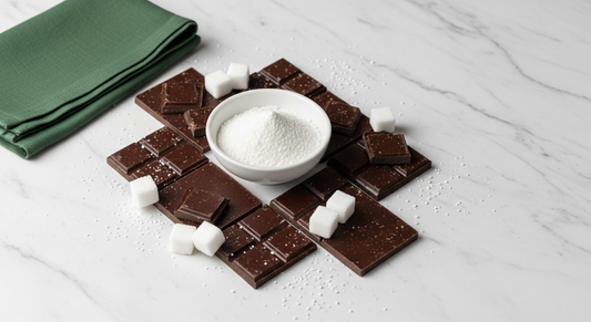 Maltitol Pulver neben Schokolade und Zuckerwürfeln — Vergleich Zuckeralkohol vs. Zucker