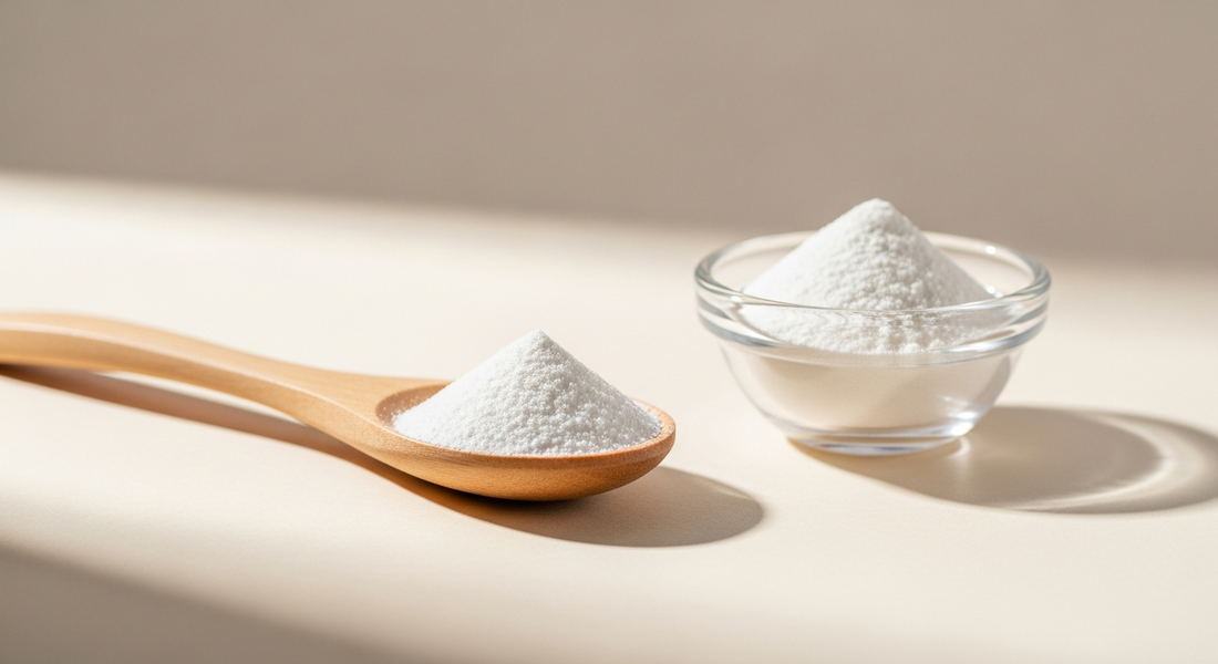 Vitamin C Pulver - Ascorbinsäure als feines Pulver in Schale mit Holzlöffel