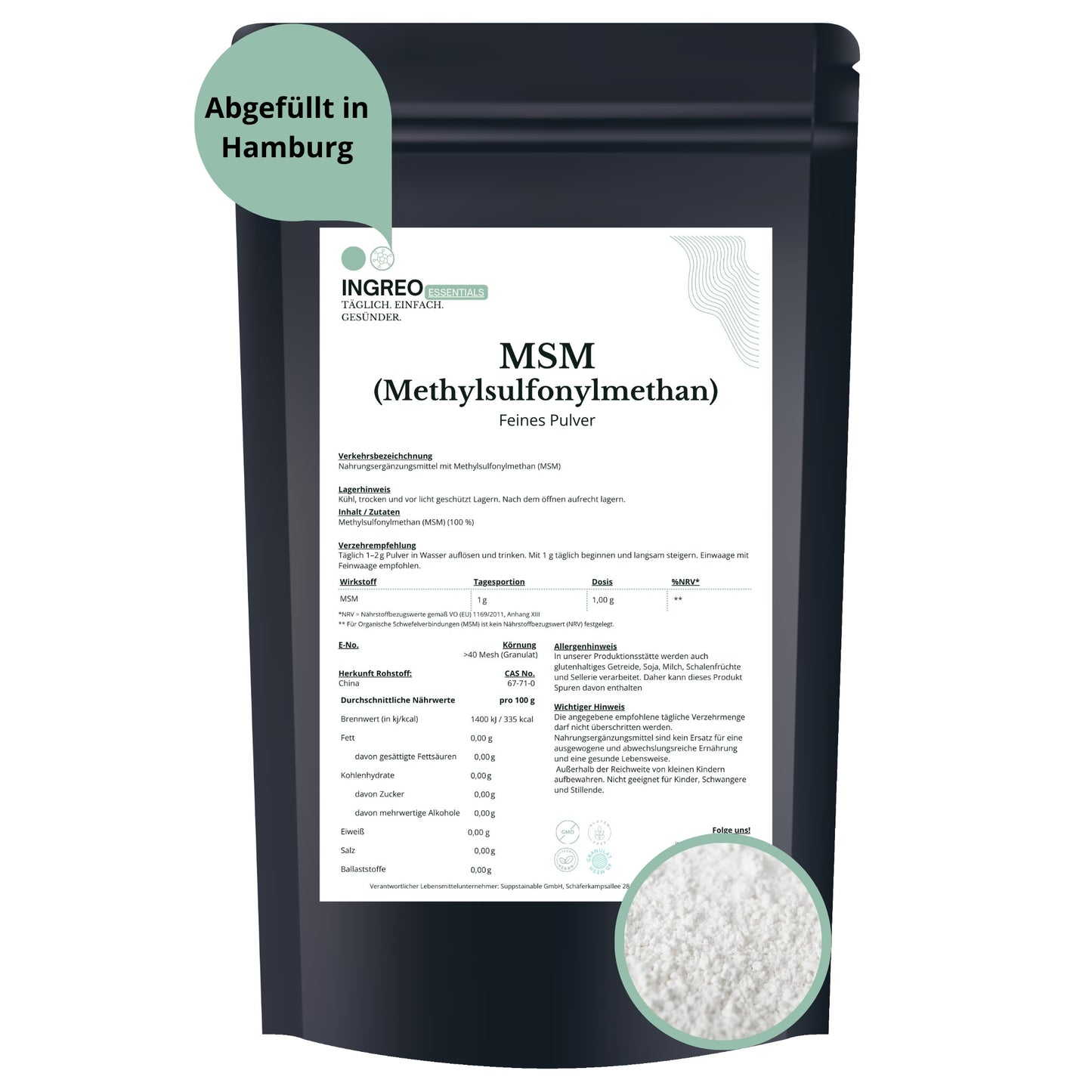 MSM (Methylsulfonylmethan)  Feines Pulver (>100 Mesh) - Suppstainable