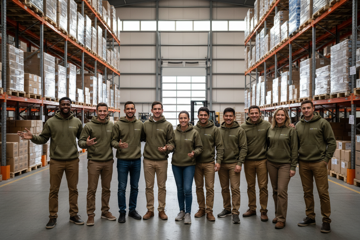 Junges lachendes Team unterschiedlicher Herkunft und ethnizität, das vor einer Lagerhalle posiert. Es ist eine große offenen lagerhalle mit Produkte auf paletten. Das Team hat einen einheitlichen Firmenlook in Grünbraun (hoodies, Startup stil)